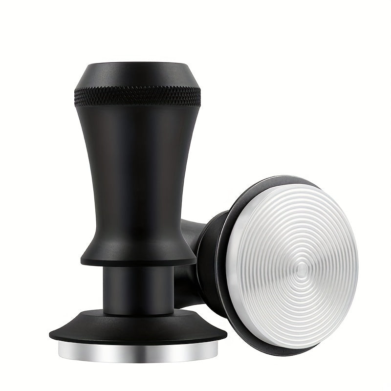 Coffee Tamper with 51/53/58mm Calibrated Size and Spring Loaded Design, Featuring Flat Stainless Steel Base in Black and Silvery Colors. Includes Two Springs for Firm and Even Tamping.