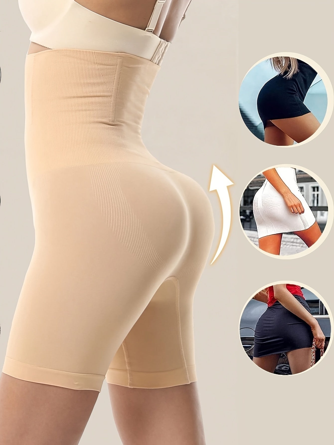 High waist tummy control shaper shorts for women in solid black. Features butt lifting, thigh slimming, and seamless design with breathable nylon fabric.