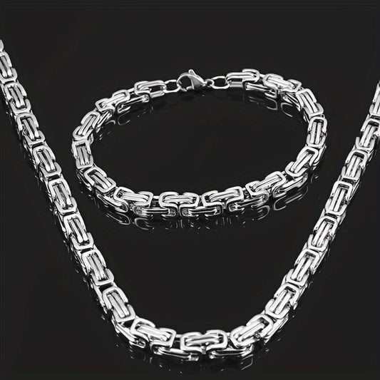 Upgrade your style with this sleek Stainless Steel Men's Necklace & Bracelet Set - Ideal for everyday wear, special occasions, and matching couple's necklaces for engagements and weddings.