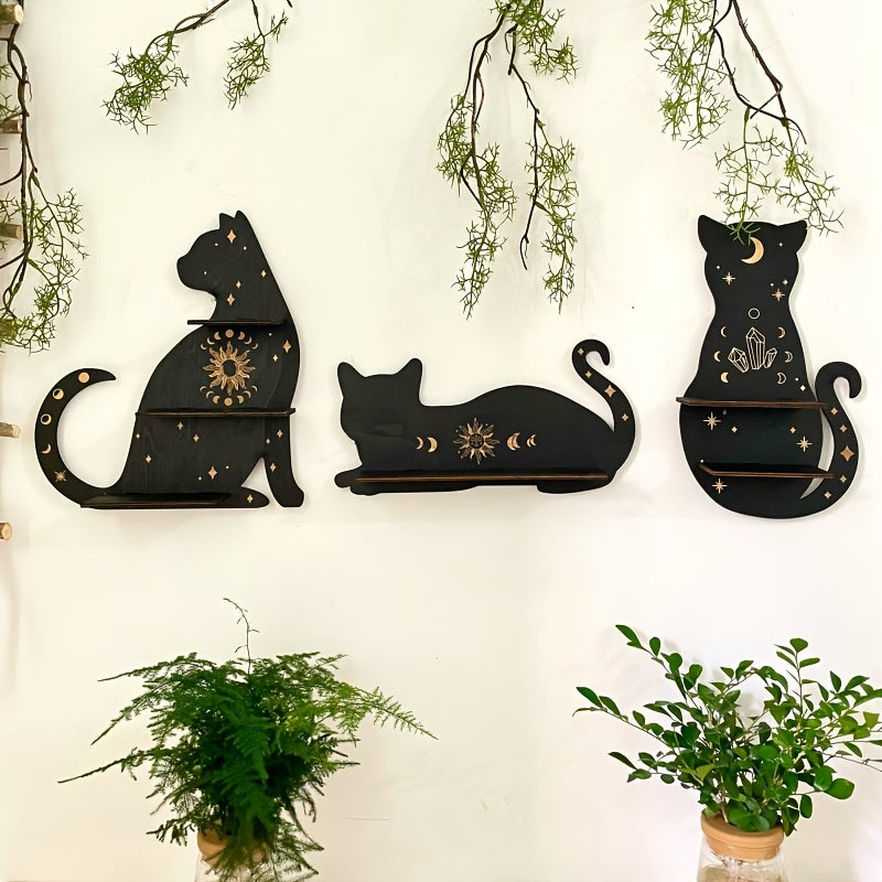 Black cat wall shelf for living room or bedroom decoration, perfect for plants, crystals, and scented candles for special occasions.