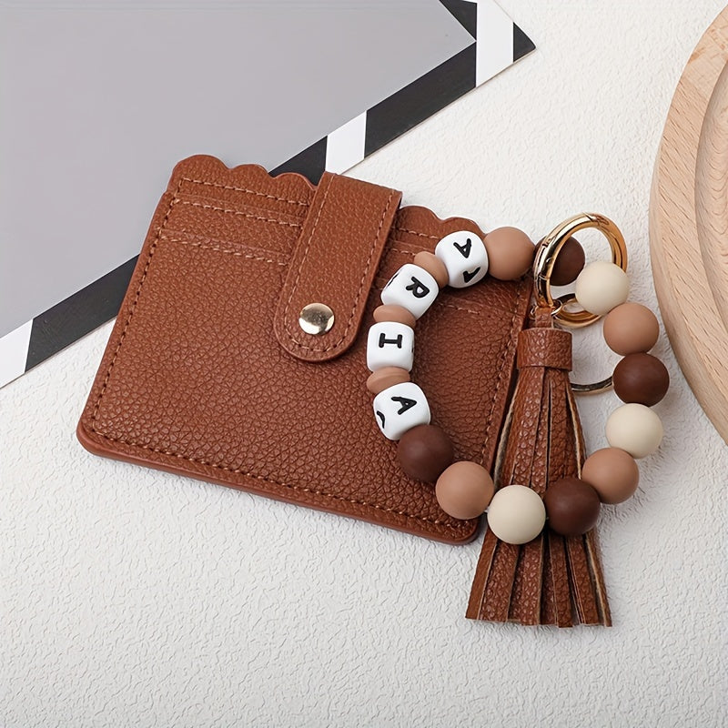 Custom PU Leather Keychain featuring Silicone Beads and Tassel - Add your Name or Initials for a Unique Touch - Great for School, Work, or Special Events