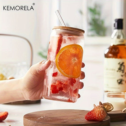 Kemorela 6-piece set includes glass cups with bamboo lids and straws in beer can shape, perfect for various beverages. Also includes 2 cleaning brushes.