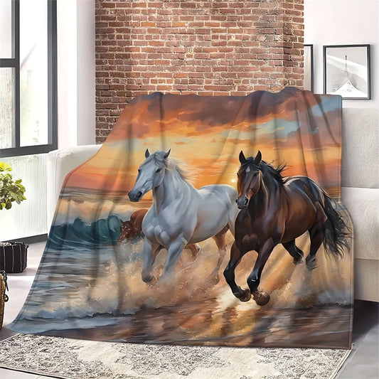 Modern digital print flannel throw blanket featuring two majestic horses - a versatile knitted polyester shawl for use on sofa, bed, office, and camping. This all-season blanket can be machine washed and used for various purposes with an animal theme.