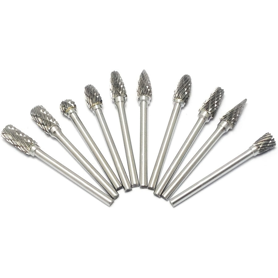 10-piece Tungsten Carbide Burr Set for Dremel Rotary Tools, Double Cut Alloy Steel Grinding Heads for Wood, Metal, Stone, and Gemstone. Handheld and welding use, assembly required. Great