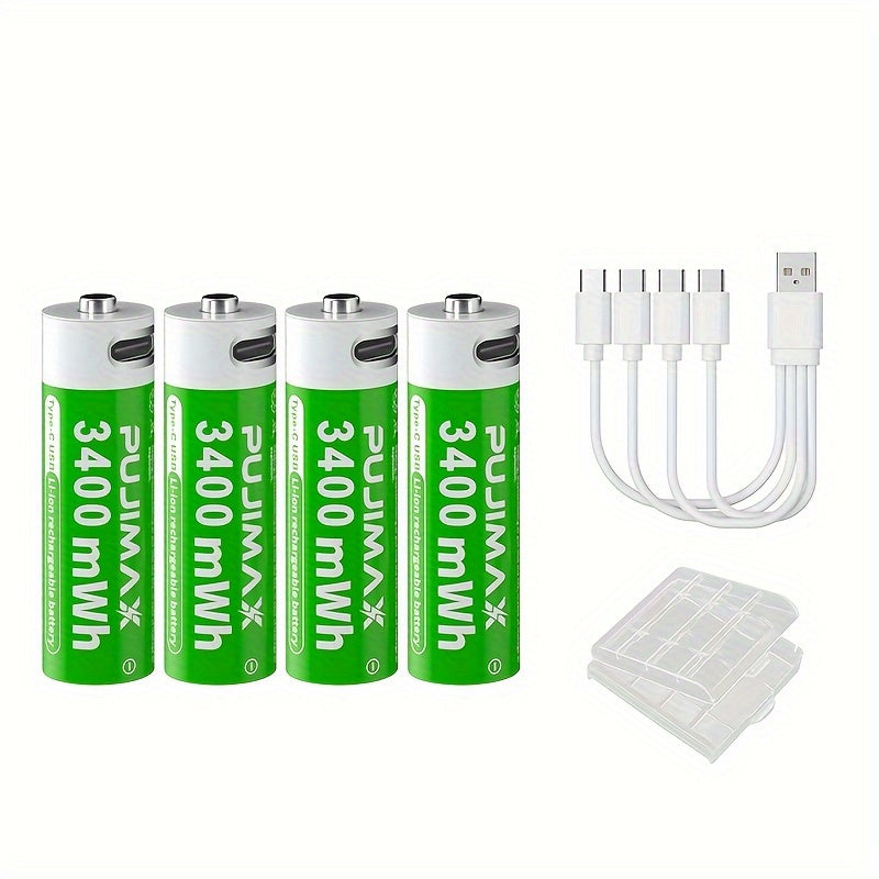 PUJIMAX 1.5V AA 3400mWh Rechargeable Batteries available in sets of 2, 4, or 8 with fast Type-C charging and long-lasting power for electronics. Features green battery design and durability.