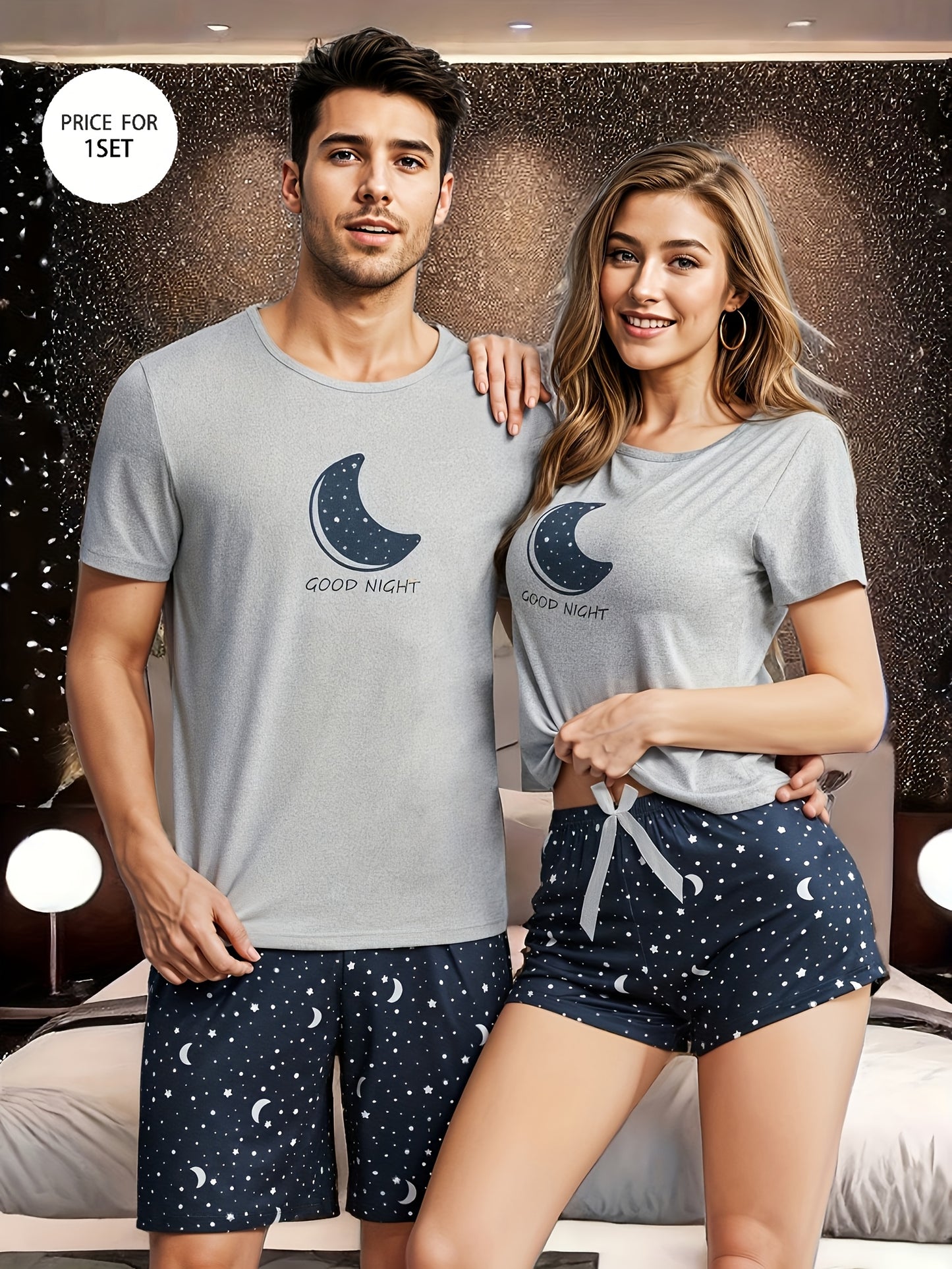 Men's moon and slogan graphic tee and galaxy print shorts pajama set made from polyester with crew neck, medium stretch, random print, regular fit, knit fabric, and elastane composition.