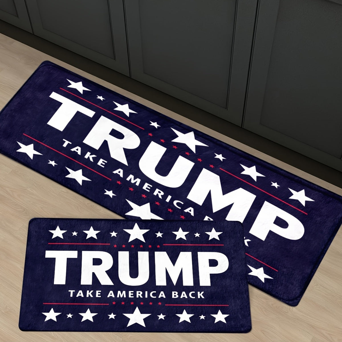 Trump Take America Back Doormat available in two sizes: 74.93cm x 44.96cm and 119.89cm x 44.96cm. Features: Machine washable, non-slip, and durable for long-lasting use.