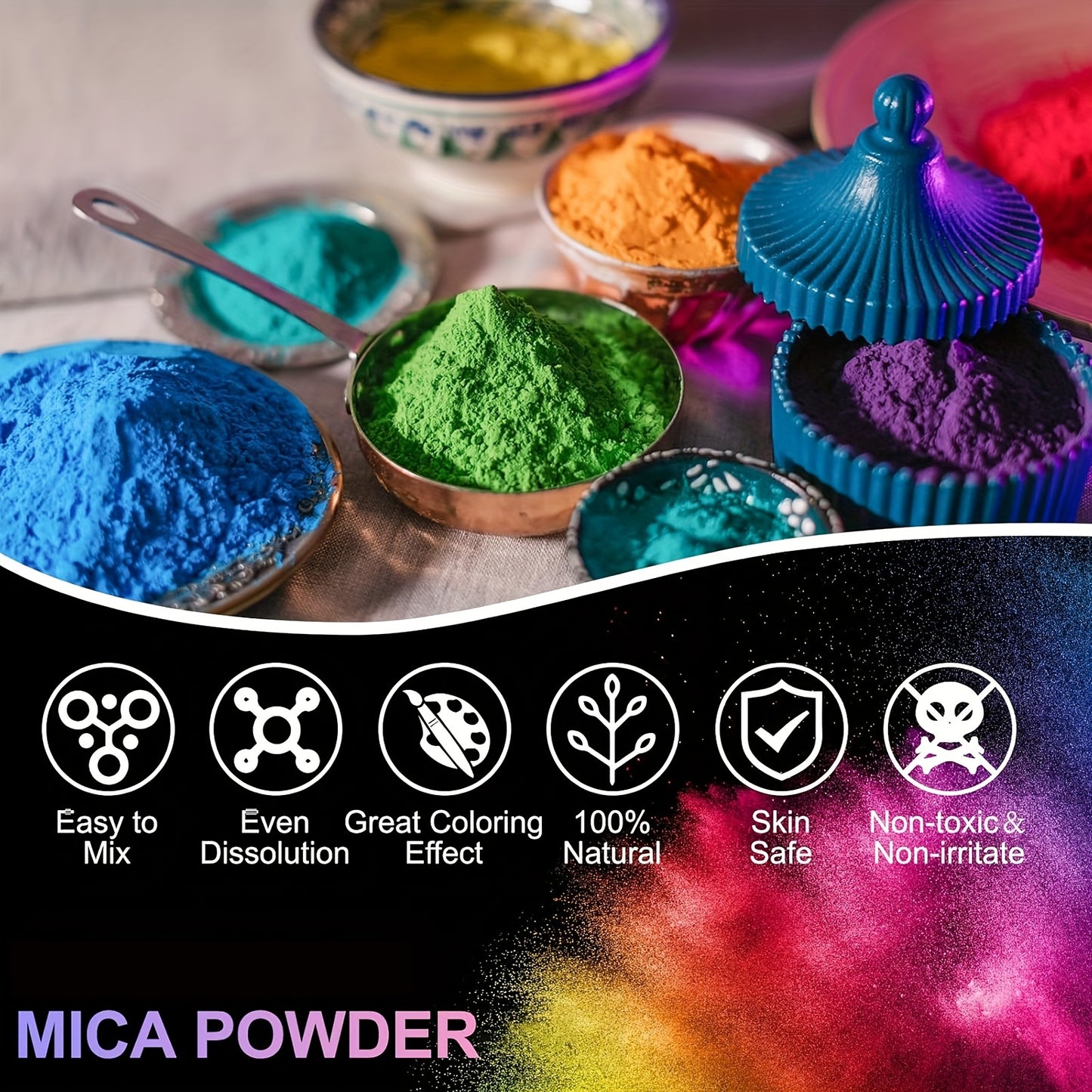 24 colors of Mica Powder, 20ml bottles, for various craft uses.