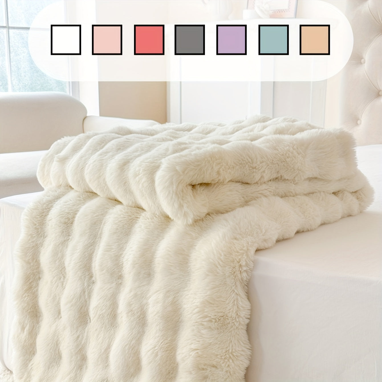 Super-Plush Faux Rabbit Fur Throw Blanket - Snuggly, Inviting, and Opulent for Sofa, Bed, Workspace, and Journeys - Chic Geometric Design in White, Adorable Blanket