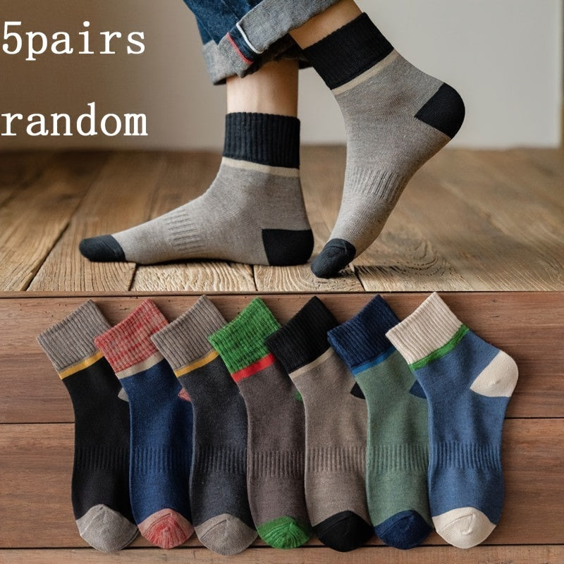 5 Men's Crew Socks with Breathable, Odor-Resistant, Sweat-Wicking Technology and Color Block Design for Sports and Casual Wear.