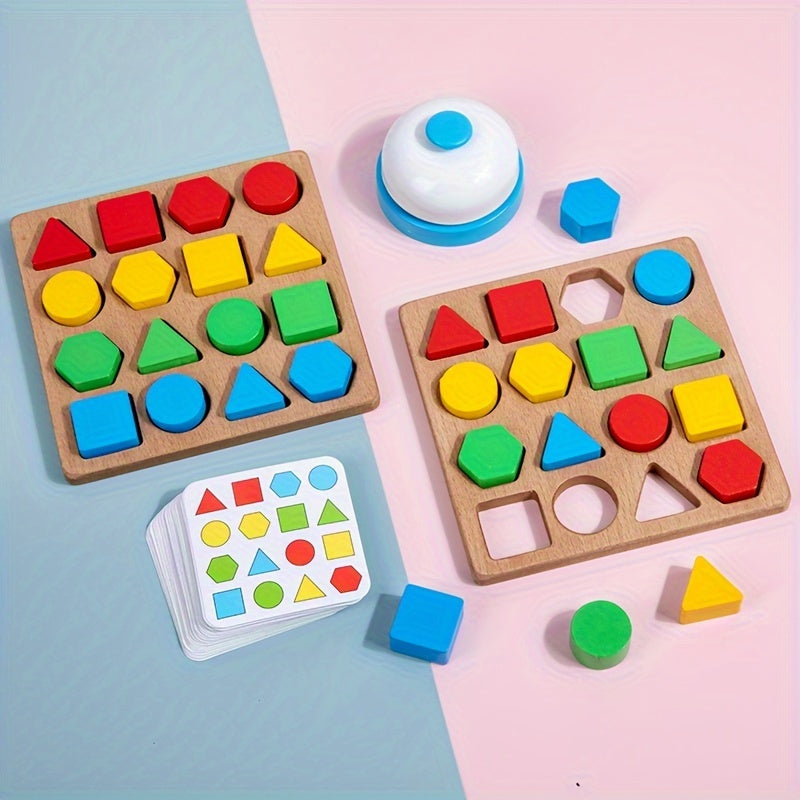 Wooden dual-player battle game with geometric shape matching and building blocks. Enhances youngsters' thinking skills. Colorful two-player desktop competition toy with timer.