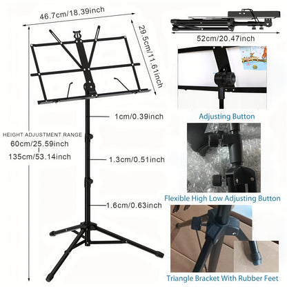 Piano, gitara, ukulele va skripka uchun portativ egiluvchan musiqa stendi, mustahkam qotishma konstruktsiyasi bilan.