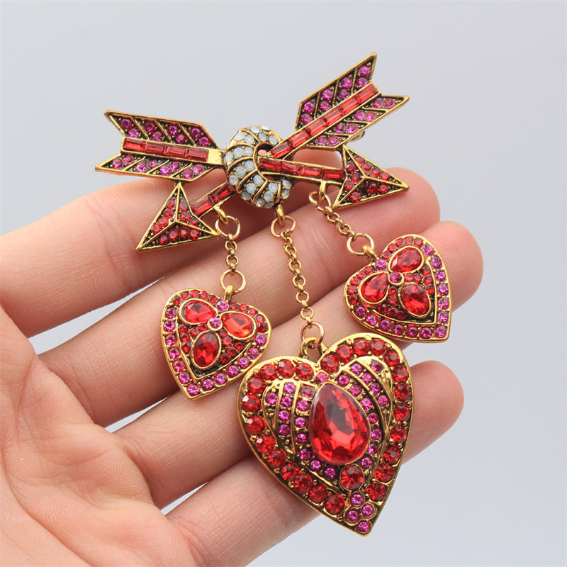 Chic and Opulent Rhinestone Enamel Heart Brooch, Love Arrow Pin, Unique Simulation Modeling Accessory with Stylish Fringe Detail