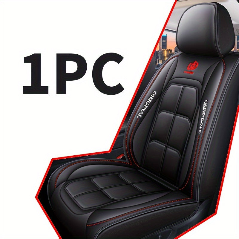 Durable PU leather car seat covers with red stitching and storage bags.