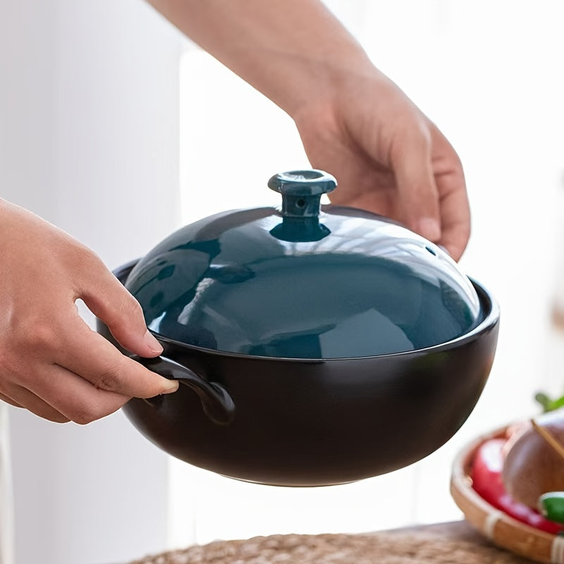 Blue Lid Ceramic Casserole Dish with 2000ml/67.62oz Capacity - Perfect for High-Temperature Cooking on Gas and Open Flame, Ideal for Stir-fry, Rice, Coal Gas, and Small Rice Pot