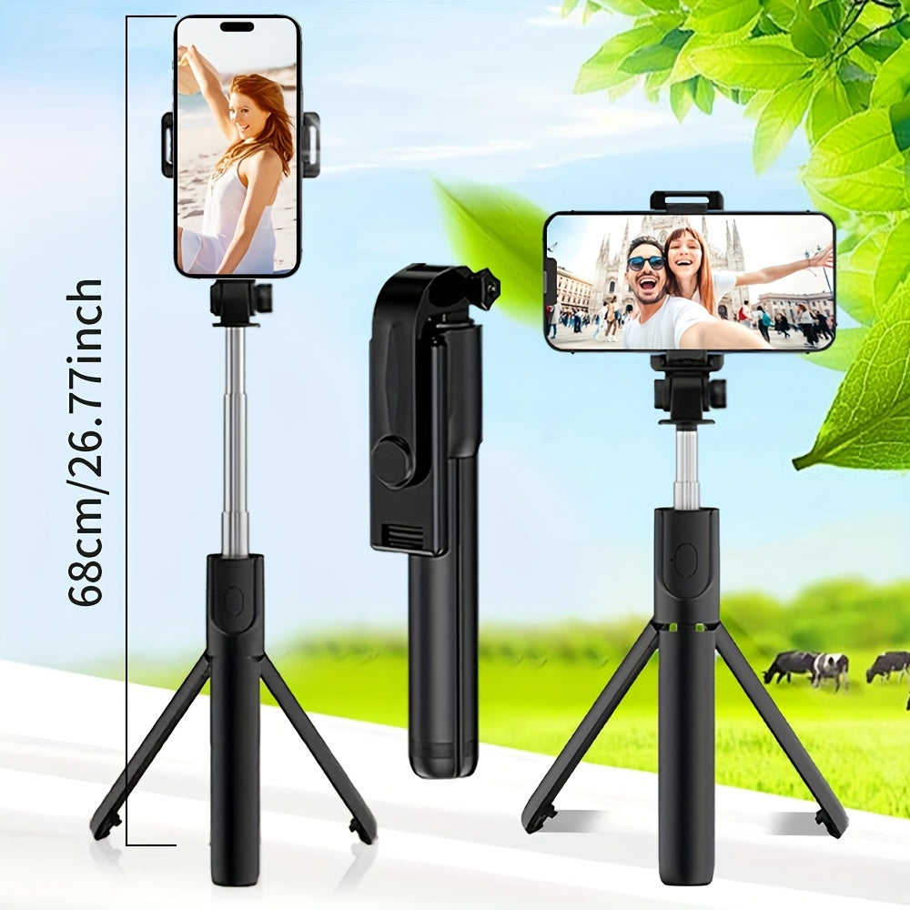 Portable selfie stick tripod with wireless remote control and 360-degree rotation, compatible with Apple iPhone, Samsung, and Android smartphones.