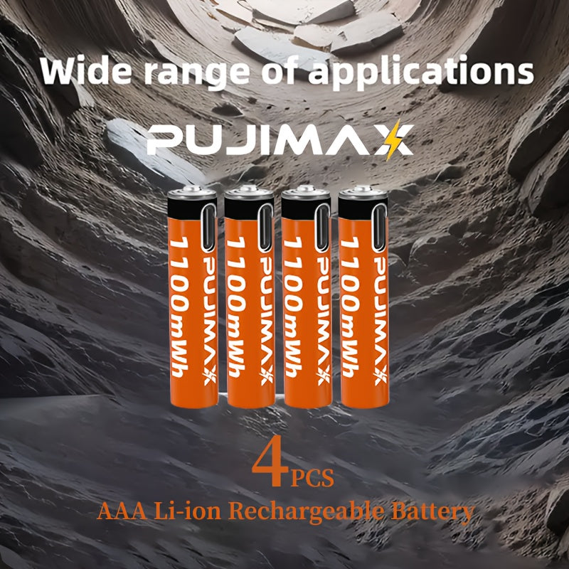 PUJIMAX AAA 1100mWh rechargeable battery with stable voltage and fast USB-C charging, suitable for various devices, includes a complimentary charging cable.