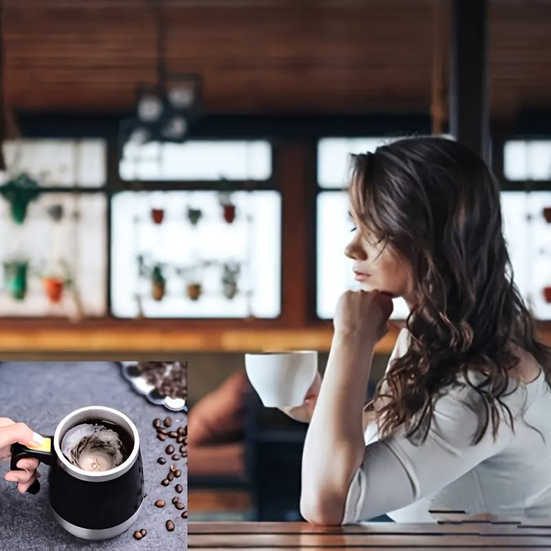 Two self-stirring magnetic cup blenders with anti-corrosion thermos cup and cylindrical design for coffee, tea, and smoothies.