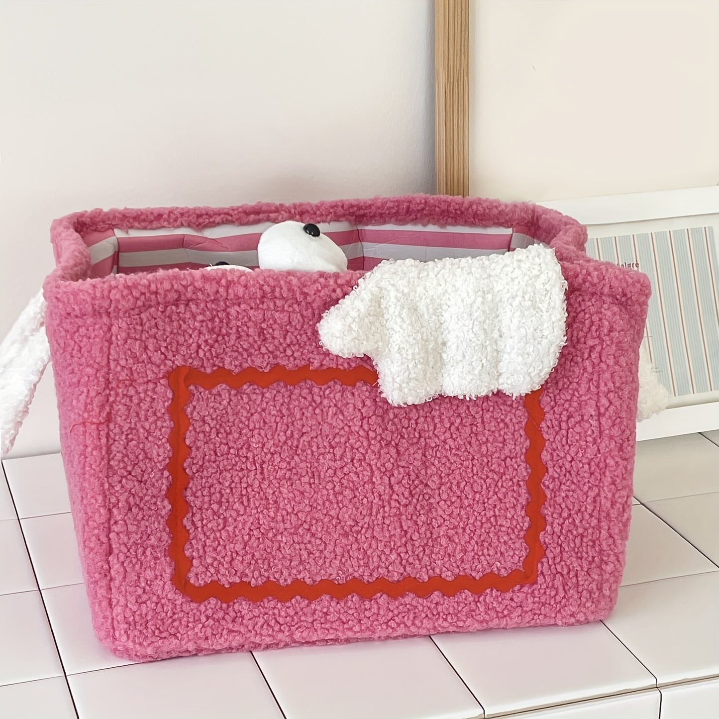 Soft and durable storage basket with handles. Ideal for snacks, clothes, toys, phones, headphones, and more. Makes a perfect Christmas gift for home organization.