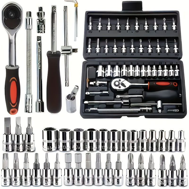 46 piece professional auto repair tool box with portable and durable ratchet wrench set for car, boat, motorcycle, and home industrial repair. Includes carrying case.