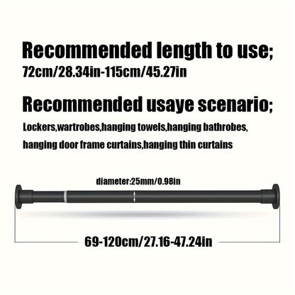 Telescopic rod with built-in spring provides strong gravity support for various uses such as shower curtains, drying racks, window treatments, Roman rods, and wardrobe support.