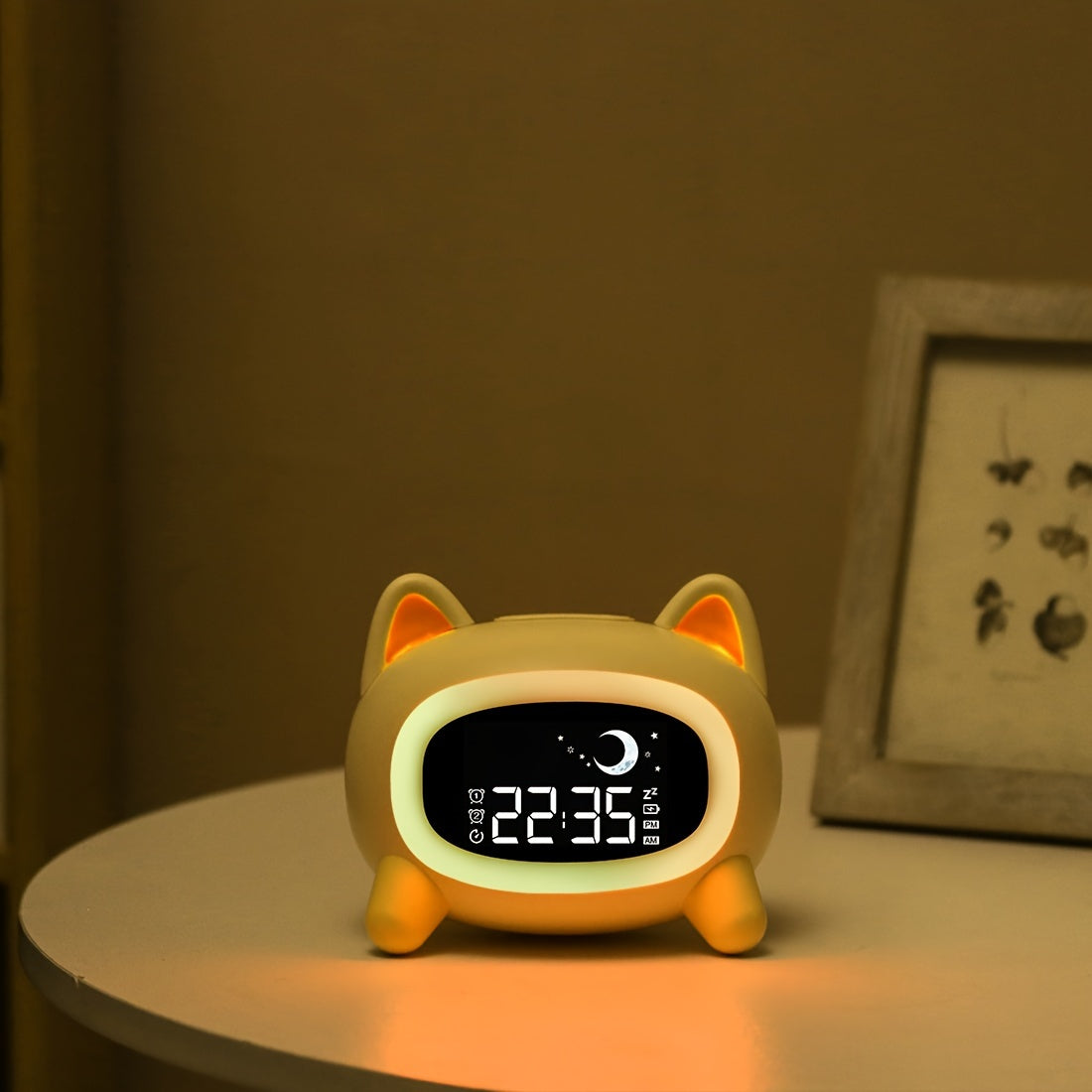 Yellow cartoon animal alarm clock for ages 3-8 with round shape and white finish. USB rechargeable with 1800mAh lithium battery. Includes ok to wake feature, multicolor night light, and white noise sleep melodies.