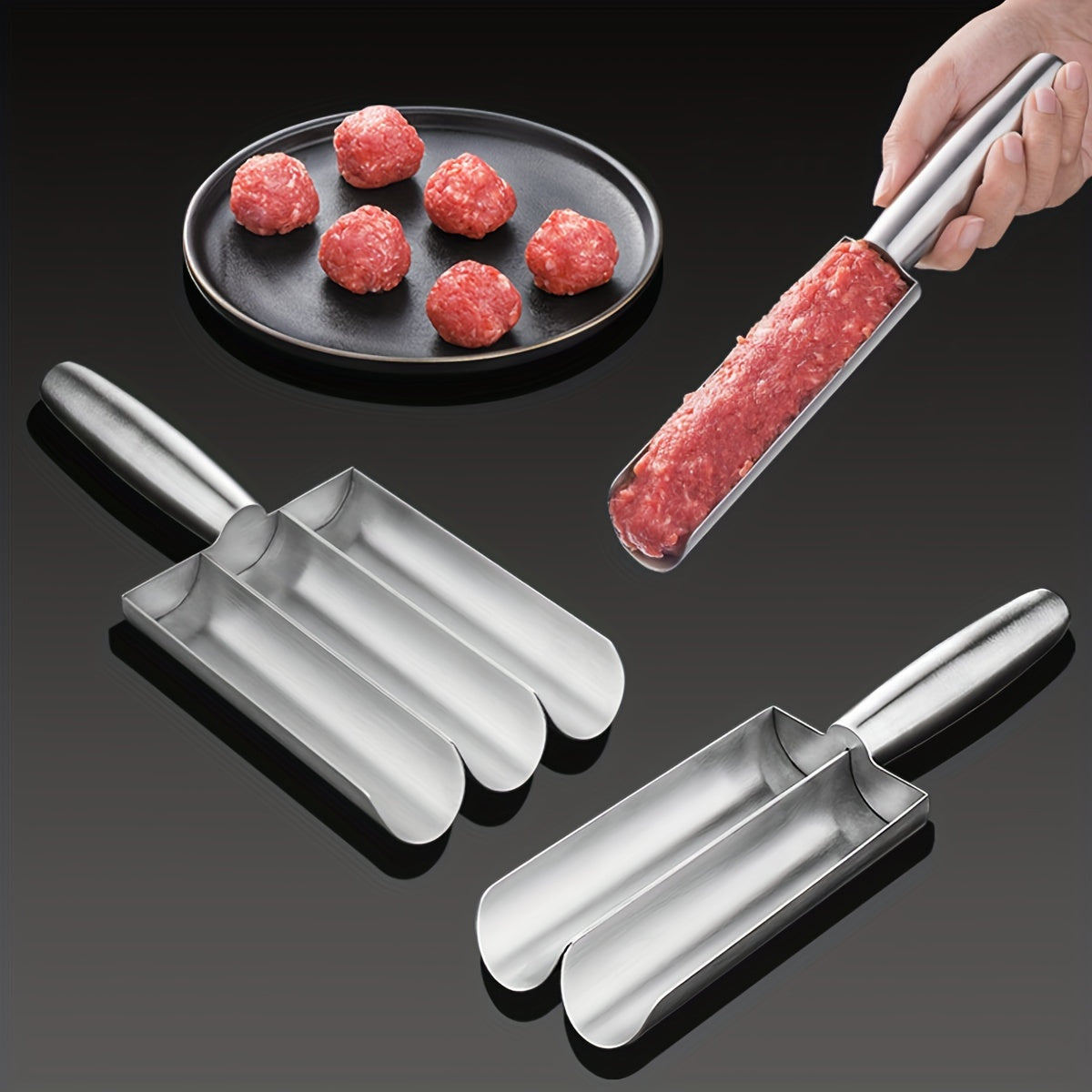 One set of Food-Safe Stainless Steel Meatball Maker: 4-in-1 Mold Tool for Quick and Easy Meatball Shaping in the Kitchen.