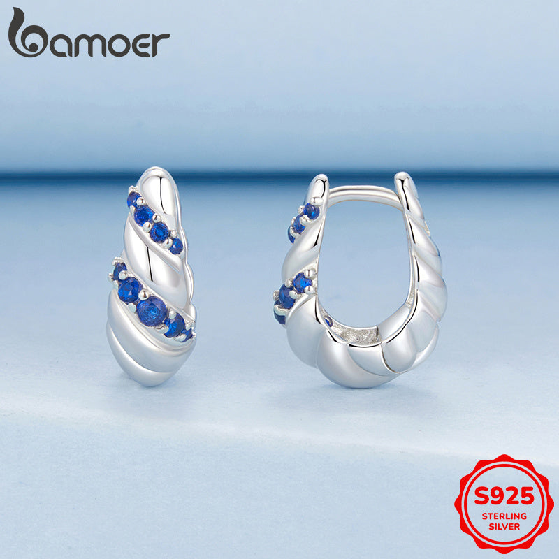 925 Sterling Silver Hoop Earrings - Blue Twisted Design with Synthetic Zirconia, Ideal for Music Festival, Party, or Everyday Wear - Luxury Pair for Allergy-Free Sparkle