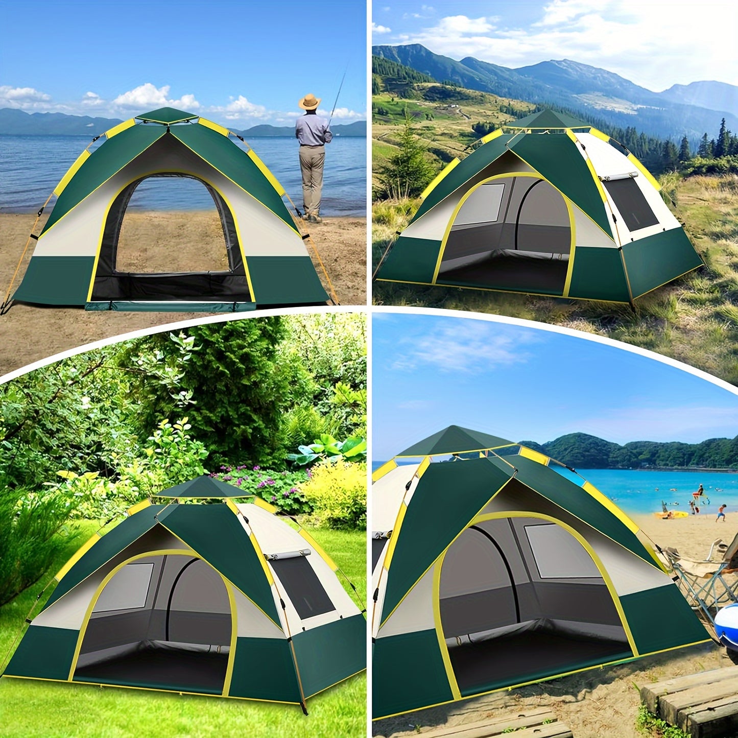 Waterproof and windproof family camping tent for 2-4 people with easy setup, ideal for hiking and travel. Includes storage bag, 8 ground pins, and 4 windproof ropes.