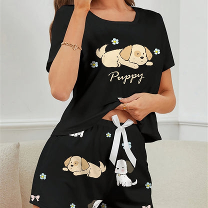 Women's Puppy Print Pajama Set. Cute cartoon design with short sleeve top and shorts for a comfortable fit.