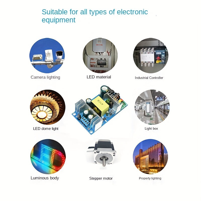 High-power switching power supply module with AC220V input and DC5V12V output options, with built-in boards available in various current capacities.