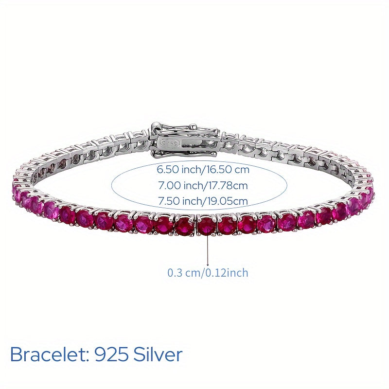 Tennis Bracelet with Synthetic Red Gemstones in Classic Royal Style, made of 925 Sterling Silver and 18K Golden Plated. Features a Flower Theme, perfect for December Birthstone Gift and suitable for Christmas and all Seasons.