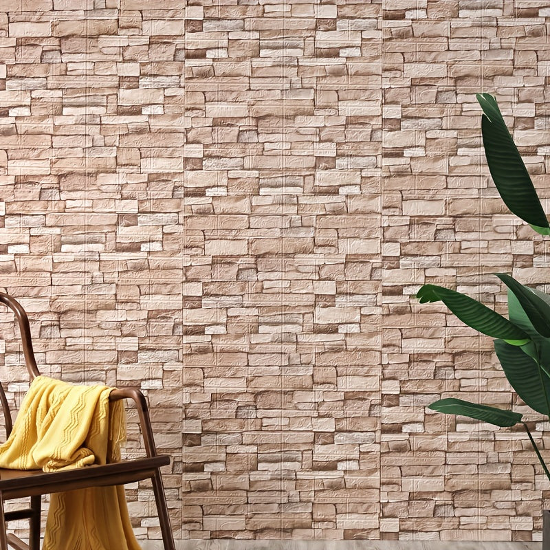 Vintage brick pattern self-adhesive wallpaper roll, waterproof and removable, ideal for various living spaces. Measures 5.0m x 70.76cm.