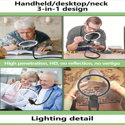 USB rechargeable LED magnifying glass with adjustable brightness and long-lasting 10,000mAh battery, great for reading, sewing, and crafts, specially designed for seniors.