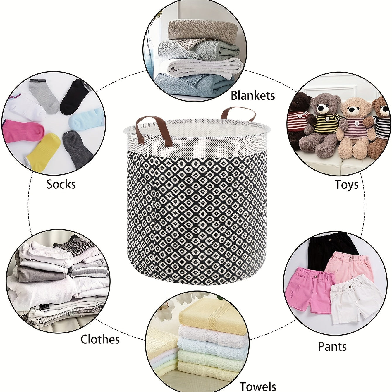 Large laundry basket with waterproof circular design, freestanding and collapsible. Features extended handles for easy carrying of clothes and toys. Suitable for dorms and families as an organizer for supplies.