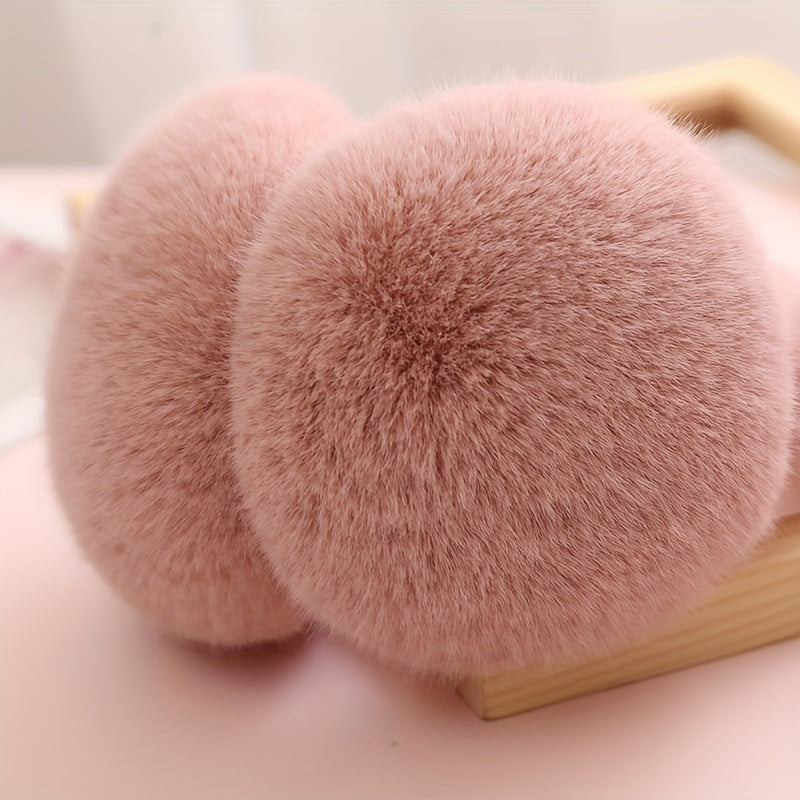 Women's Winter Outdoor Foldable Faux Fur Ear Warmers with Cute Pom Pom Plush Earmuffs in Solid Block Design