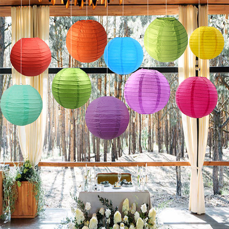 10 festive 7.9 inch paper lanterns in random colors for holidays and celebrations.