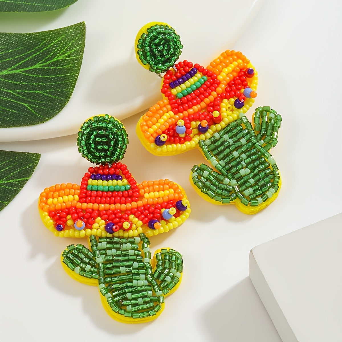 Handcrafted Bohemian Beaded Cactus Hat Earrings with Stainless Steel Posts, Vibrant Plant Design for Women - Ideal for Everyday Wear and Celebrations