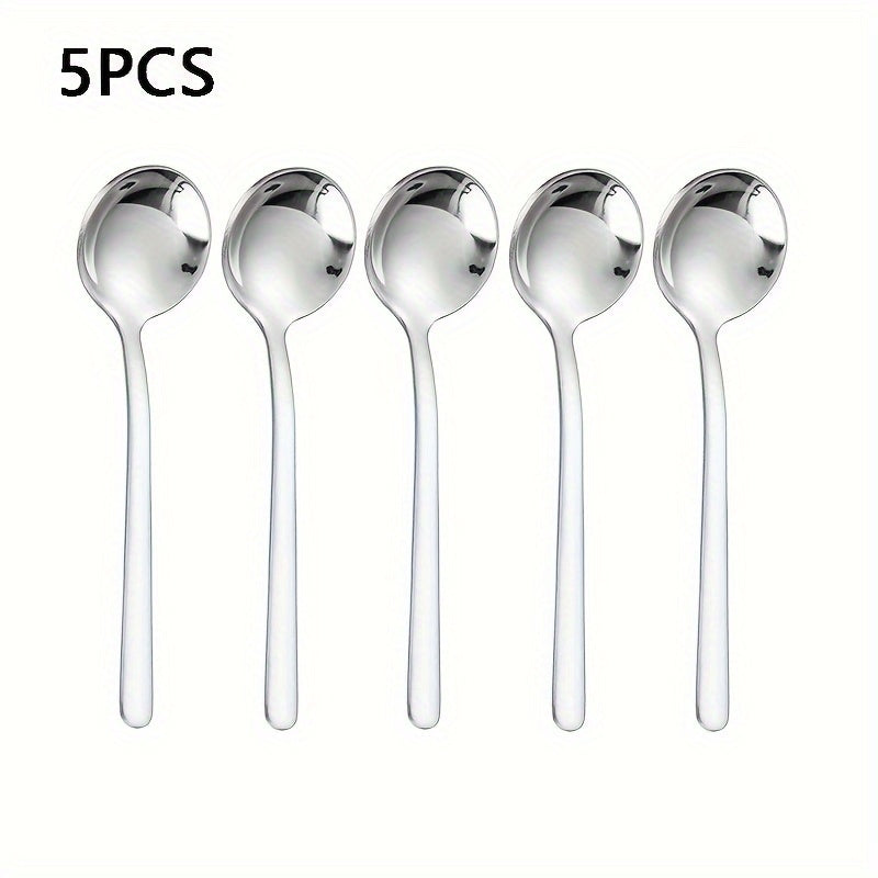 Set of five 304 stainless steel spoons, including coffee and seasoning spoons. Each spoon measures 3.86 inches in length and is perfect for gifting. These mini stirring spoons can be used for espresso, milkshakes, cappuccinos, and more. They are mirror