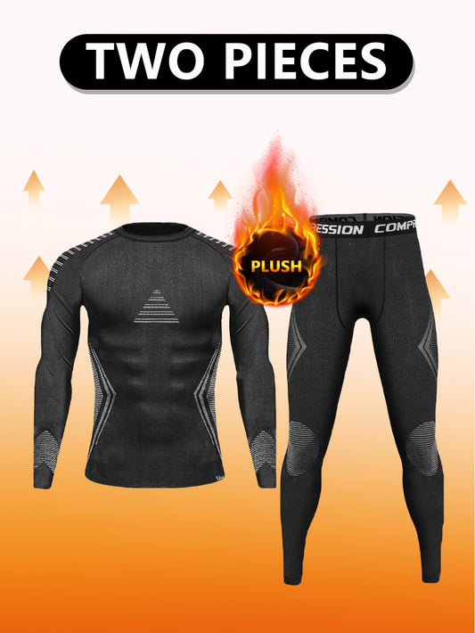 Men's Thermal Compression Set for Fall & Winter - Plush-Lined Top & Leggings, Ideal for Outdoor Activities, Machine Washable.