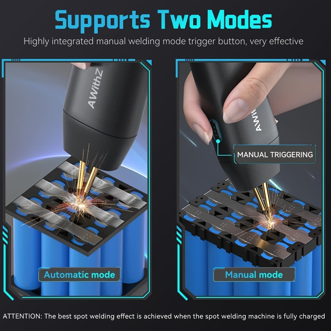 Rechargeable handheld spot welder with 11 adjustable levels, ideal for DIY 18650 batteries and electronic projects. Suitable for both automatic and manual modes, perfect for electronics