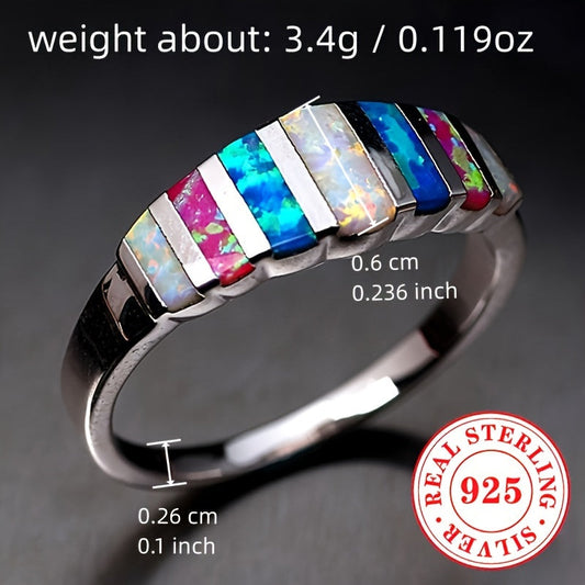 Vintage elegant style fashion ring for women made of 925 sterling silver with synthetic opal inlay, weighing 3.4g. Perfect for October birthdays or as casual daily and vacation jewelry.