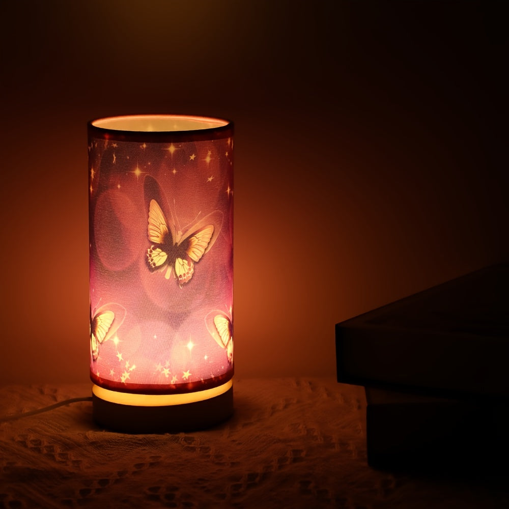 Purple butterfly table lamp with wood base - ideal for bedside or room decor.