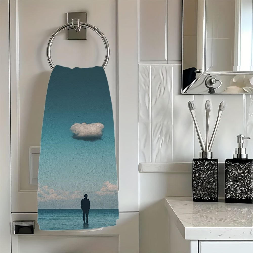 Two pieces of ultra soft kitchen towels featuring the "Solitary Cloud" sky design. These towels are highly absorbent and machine washable, making them perfect for drying dishes and hands. Add a touch of contemporary coastal decor to your kitchen with