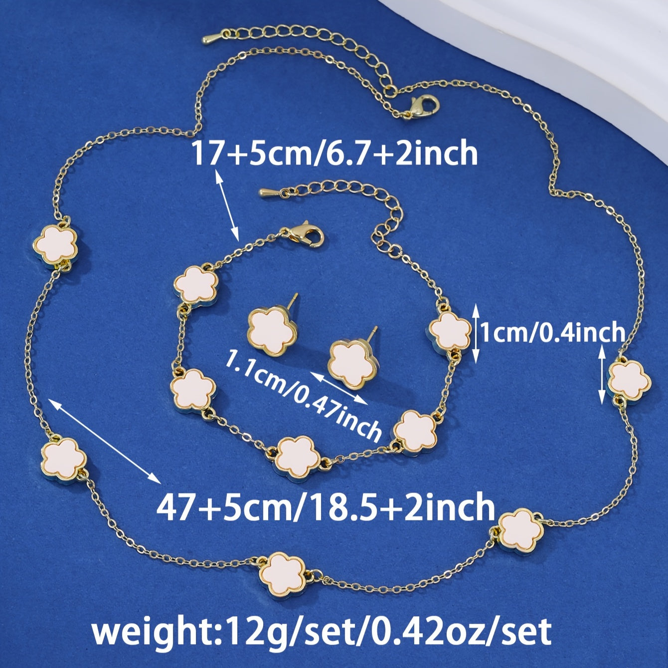 4-piece simple fashion copper jewelry set, including a necklace, earrings, and bracelet with a five-petal flower design, perfect for daily wear and gifting.