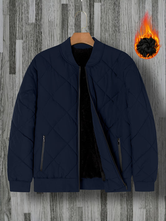 Casual black bomber jacket for men with quilted polyester outerwear, zipper closure, and stand collar. Perfect for fall and winter. Smooth texture and quilted design for everyday wear