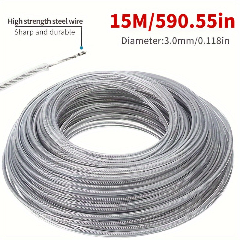 2pcs of durable 3.0mm diameter steel wire nylon grass trimmer line, 15m in length. Ideal for replacing lawn mower spools and cutting grass with brush cutters. A must-have gardening tool.