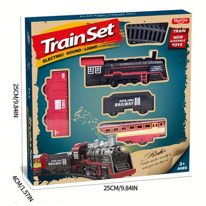 Vintage Electric Train Track Set for kids - Classic Steam Locomotive with Lights & Sounds, Red & Black, ABS Resin, Perfect for Imaginative Play.