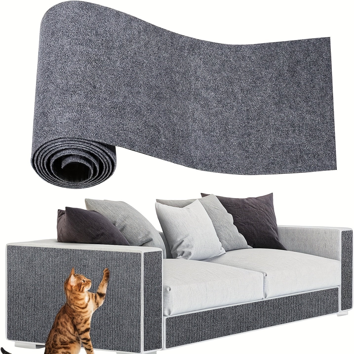 Trim-able cat furniture protector with self-adhesive scratching mat to safeguard couches, doors, and cat tree shelves from claws in grey color, 78.7 x 15.8.