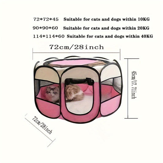 Vintage-style portable pet playpen made of durable Oxford fabric with mesh windows, zippered door, and paw print design, ideal for kittens, cats, and small dogs.